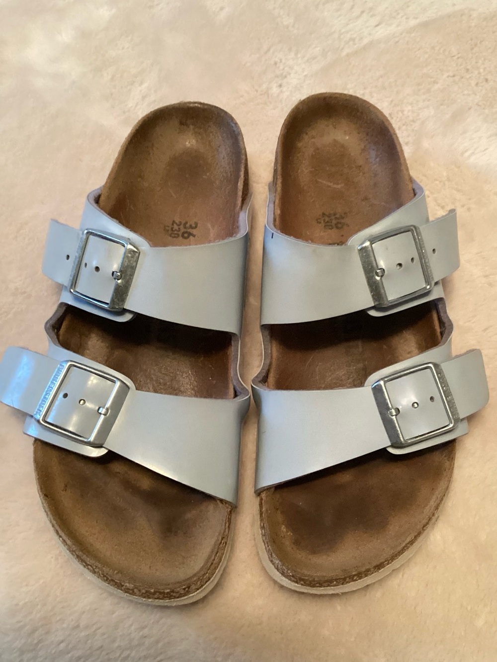 Birkenstock Arizona Blue Birko-Flor Patent Slide Sandals - Size 36